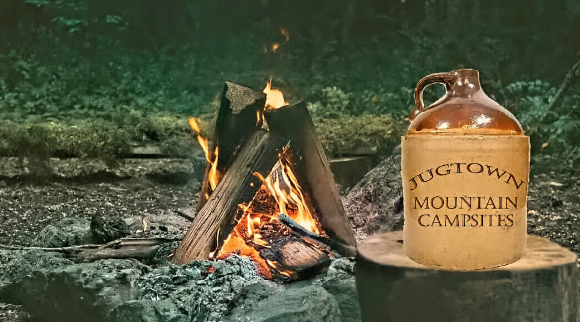campfire with stump and jug