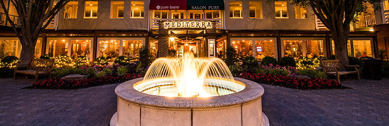 A fountain in front of Mediterra restaurant in Princeton, New Jersey