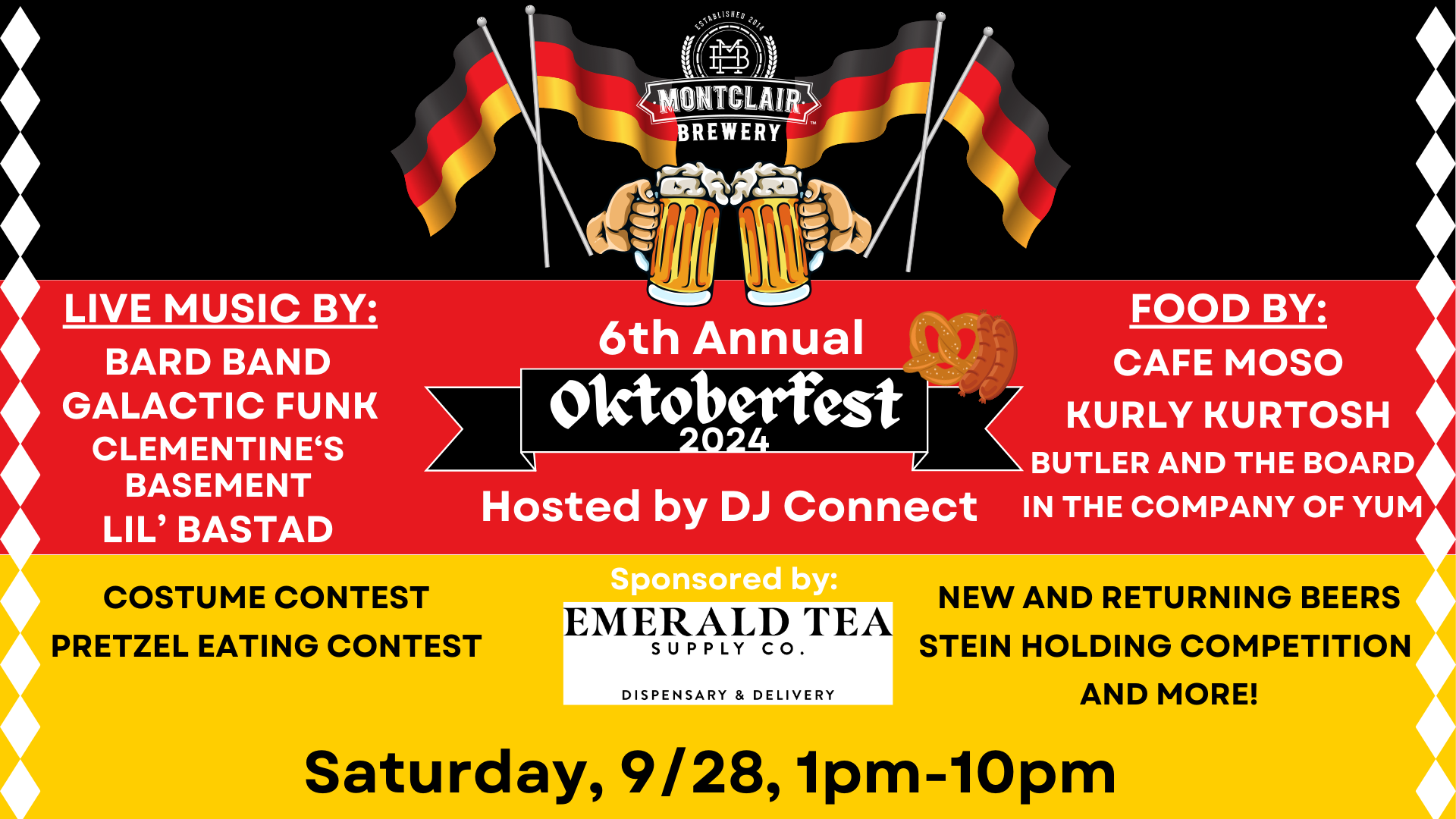 Participating musicians - BARD Band, Galactic Funk, Clementine's Basement, and Lil' Bastad - and participating food vendors - Cafe Moso, Kurly Kurtosh, Butler and the Board, and In The Company of Yum - along with the logo of Emerald Tea Supply Co. over the German flag colors.