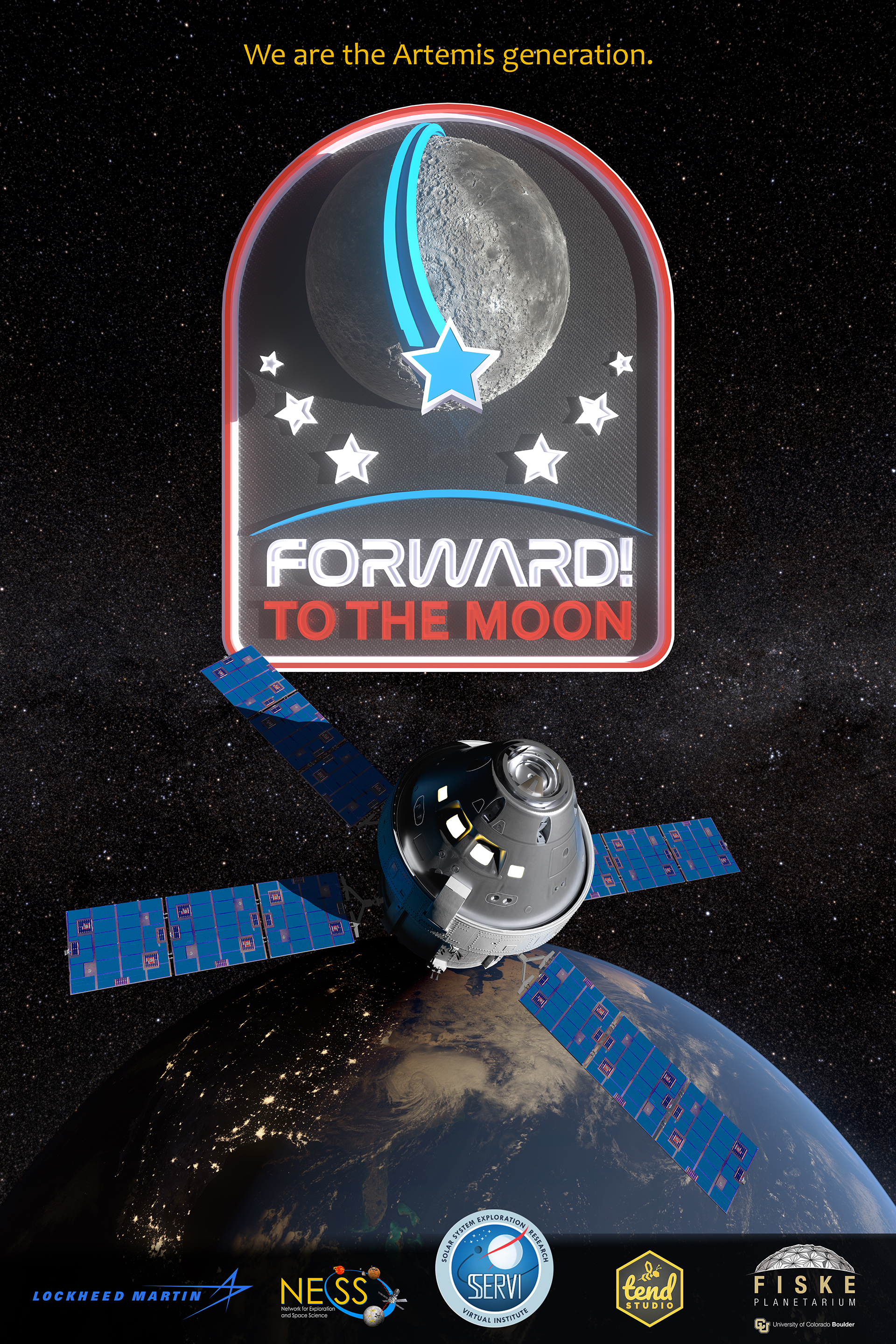 Poster for planetarium show Forward to the Moon showing Orion spacecraft.