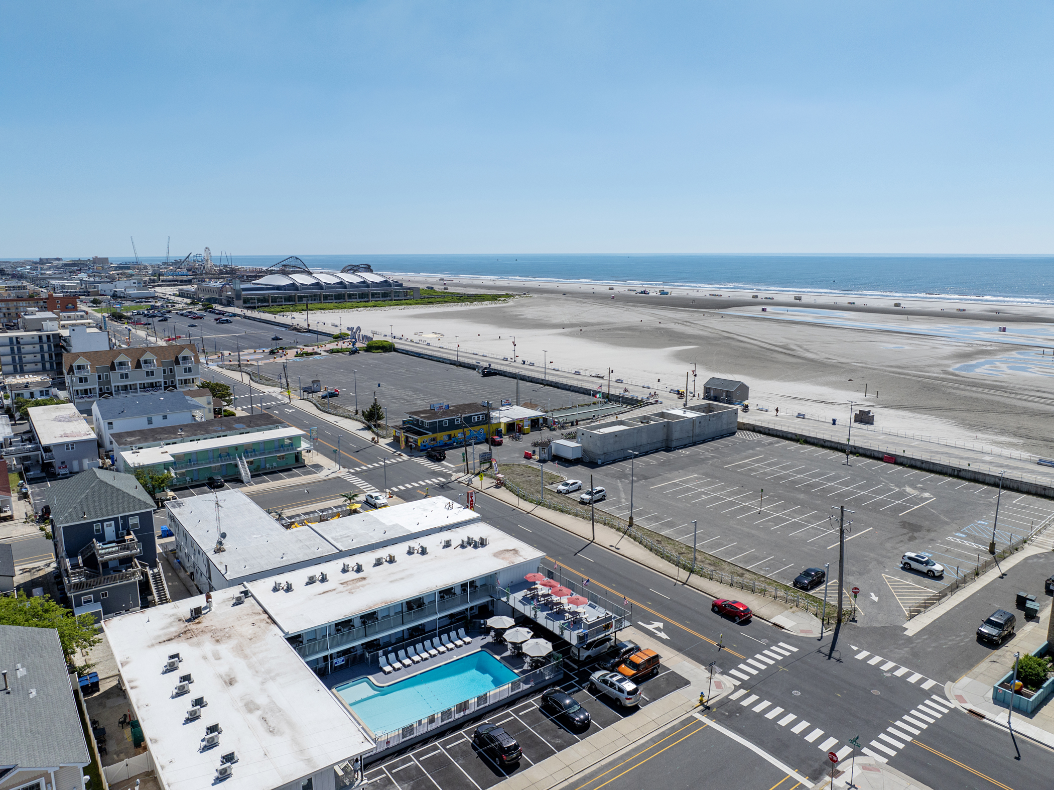 Aerial view of beach and hotel