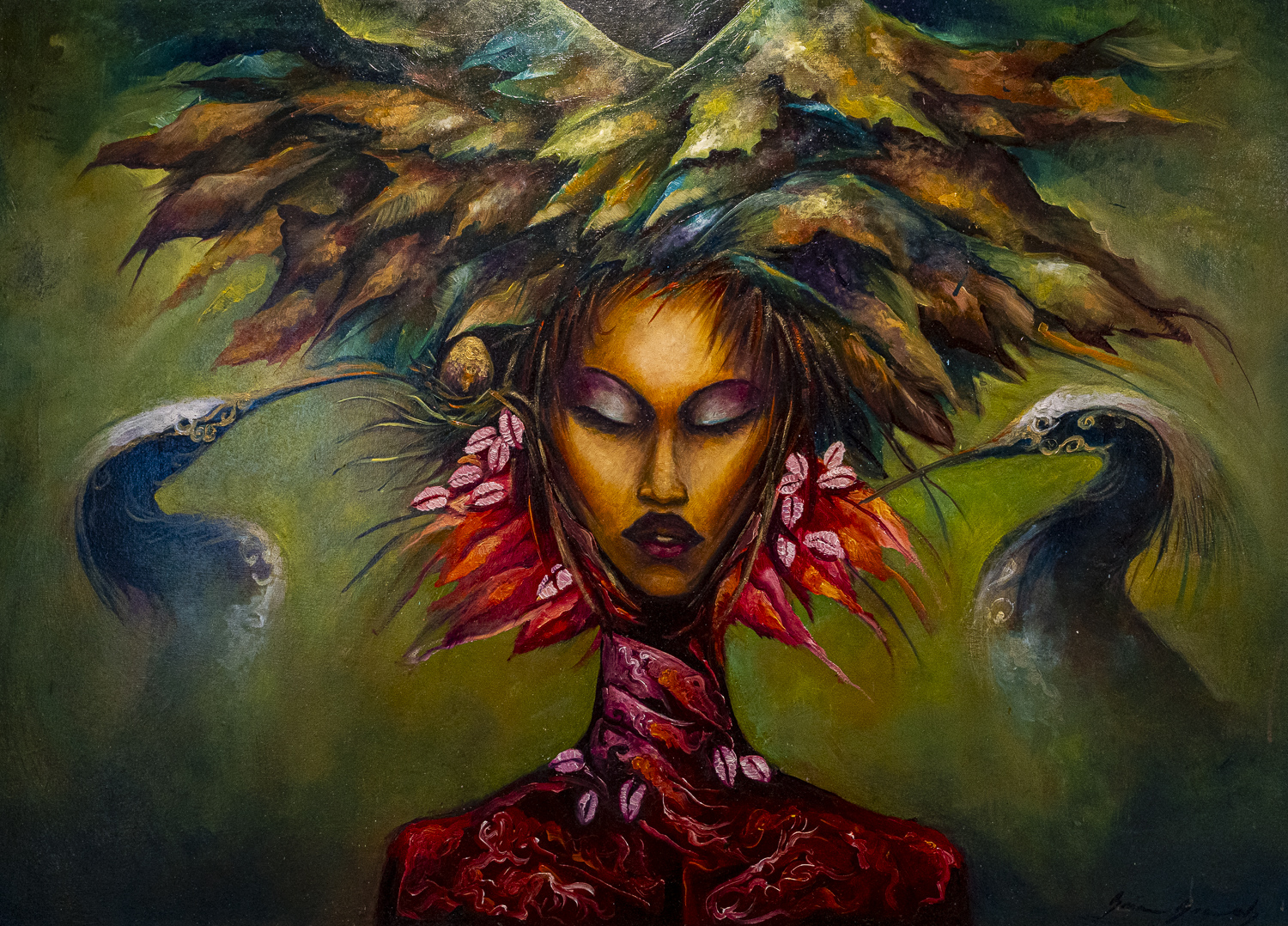 On a green background a female is flanked by two birds in this painting by Brian Branch