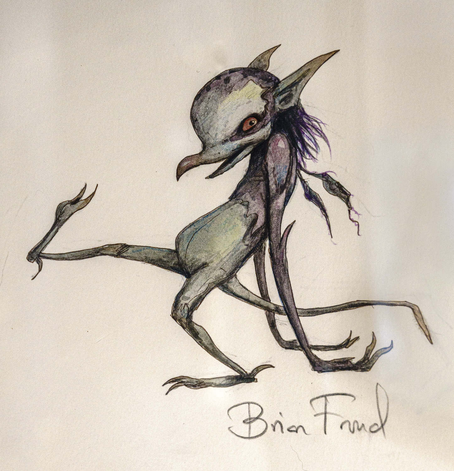 On white paper is sketched an imaginary creature with two legs, two long arms and a long tail; the head has pointy ears and a beak-like mouth by Brian Froud