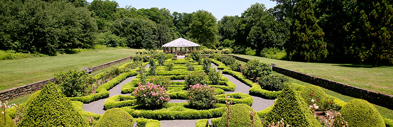 A gazebo in the background of gardened hedges at Duke Farms, in Middletown, New Jersey