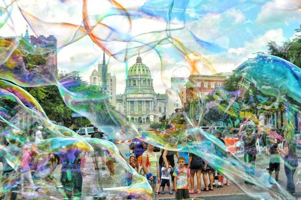 Young girls and boys make GIANT bubbles with @GrandppBubbles at Grandpp Bubbles' "Free Bubble Festivals."