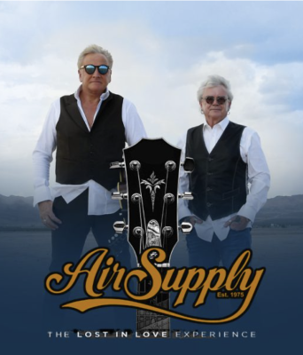 Air Supply posing with logo