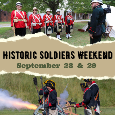 one image shows reenactors lined up for inspection by their commanding officer and another shows reenactors firing a cannon