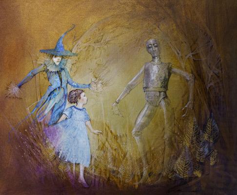 Three main characters are shown on a golden yellow background in this illustration from the Wizard of Oz by artist Anne Bachelier