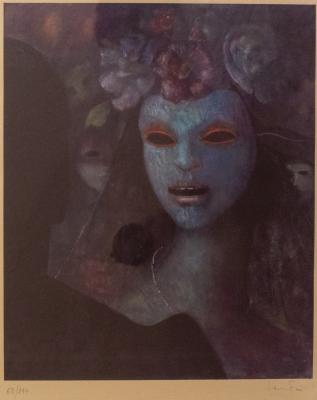 An expressive female face in cool blue is shown with the silhouette of a male in this painting by Leonor Fini