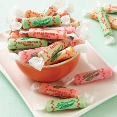 variety of of salt water taffy flavors in a pink dish